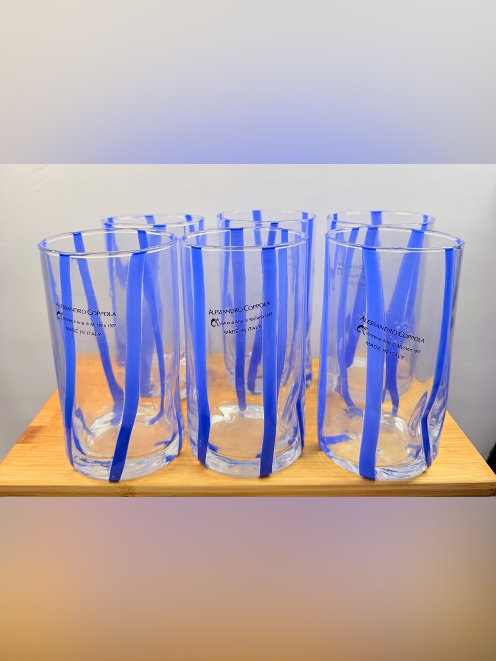 Murano Art Glass Tumblers Set of 6 Alessandro Coppola Blue Stripes Italy